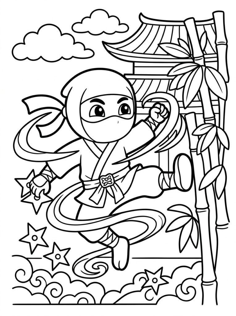 Ninja Kleurplaten (Gratis PDF Printables) 02 - gratis kleurplaat om te printen