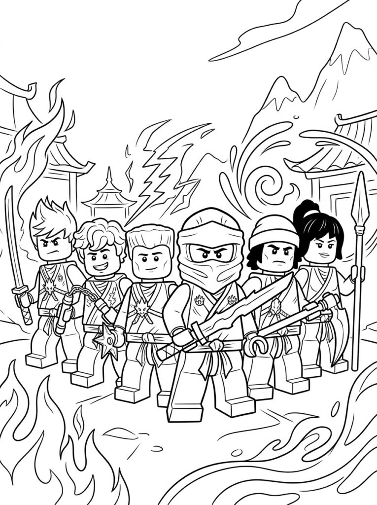 Ninjago alle ninja's Kleurplaten (Gratis PDF Printables) 01 - gratis kleurplaat om te printen