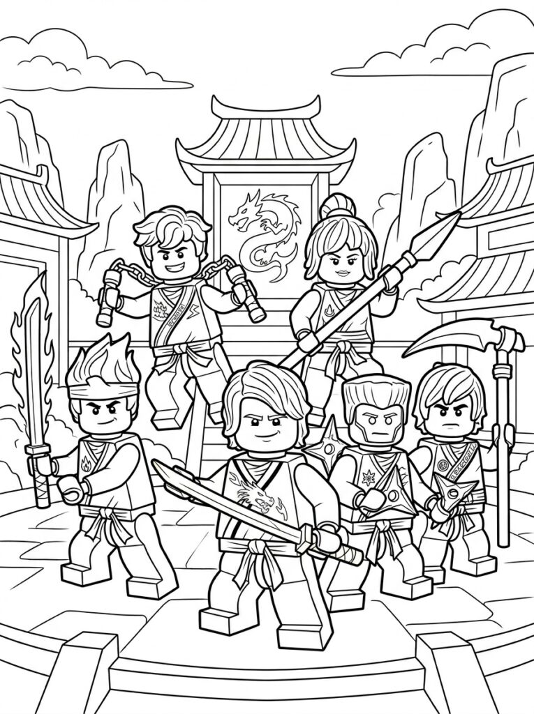 Ninjago alle ninja's Kleurplaten (Gratis PDF Printables) 02 - gratis kleurplaat om te printen