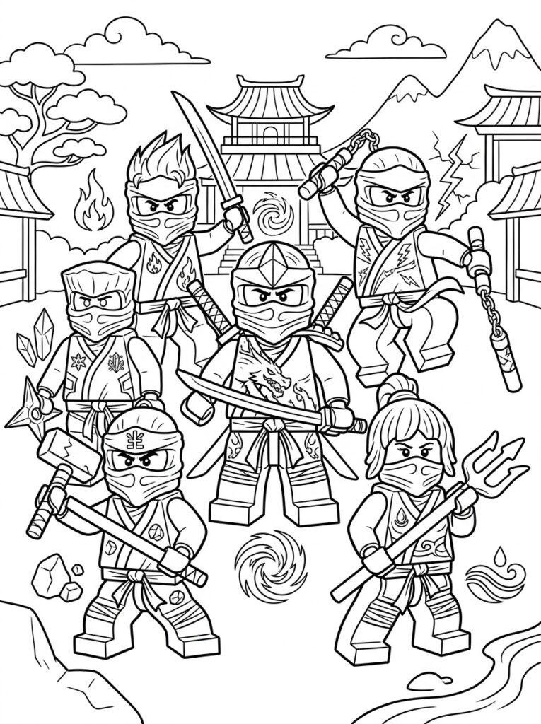 Ninjago alle ninja's Kleurplaten (Gratis PDF Printables) 04 - gratis kleurplaat om te printen