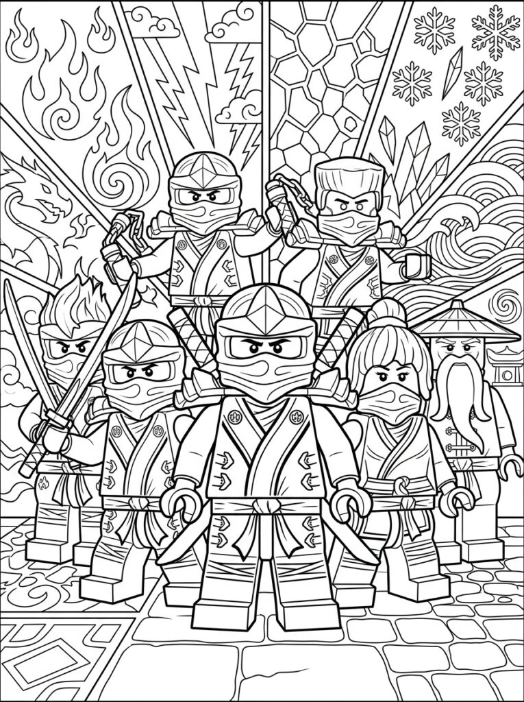 Ninjago alle ninja's Kleurplaten (Gratis PDF Printables) 05 - gratis kleurplaat om te printen