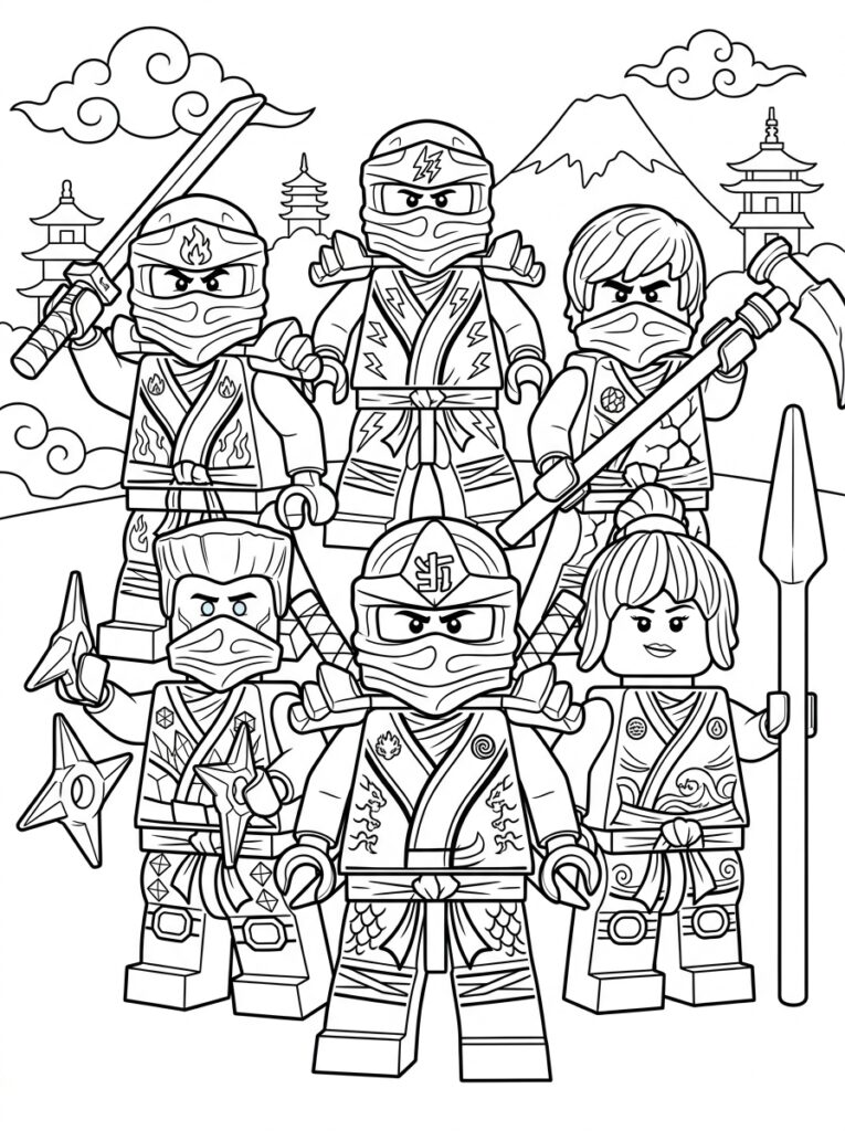 Ninjago alle ninja's Kleurplaten (Gratis PDF Printables) 06 - gratis kleurplaat om te printen
