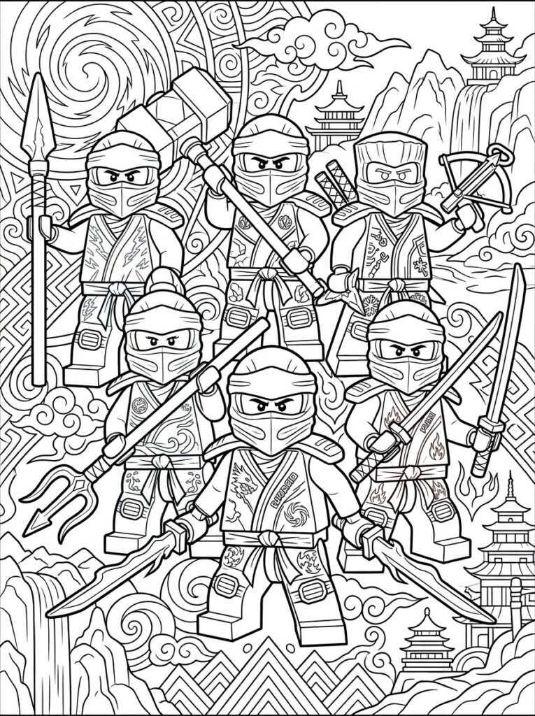 Ninjago alle ninja's Kleurplaten (Gratis PDF Printables) 07 - gratis kleurplaat om te printen