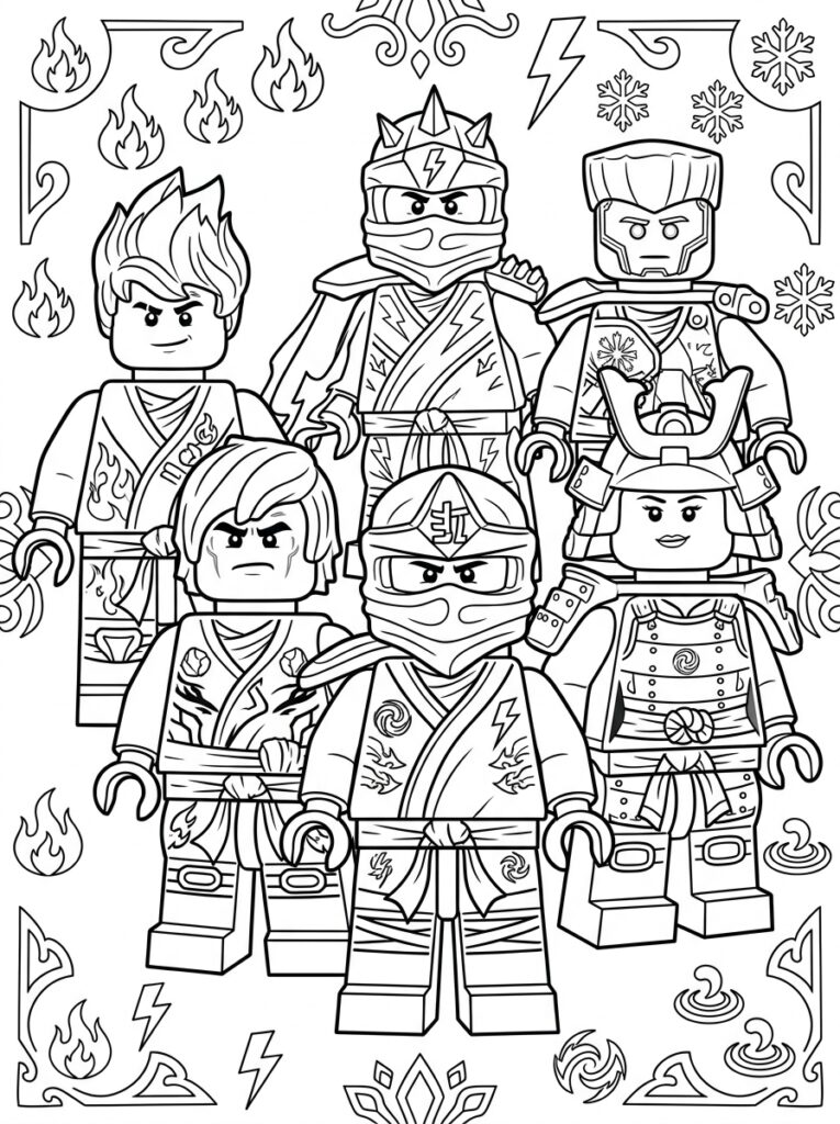 Ninjago alle ninja's Kleurplaten (Gratis PDF Printables) 08 - gratis kleurplaat om te printen