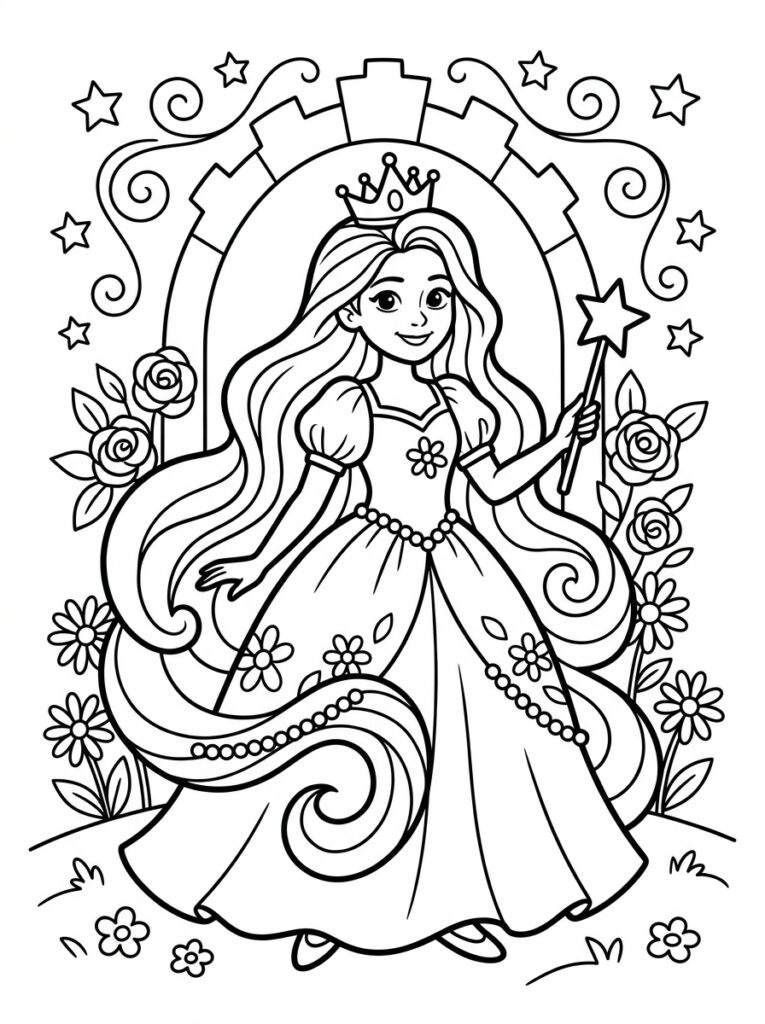 Rapunzel Kleurplaten (Gratis PDF Printables) 01 - gratis kleurplaat om te printen