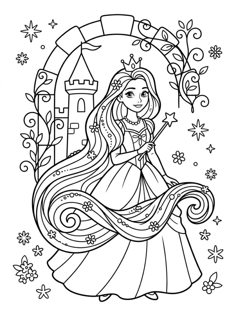 Rapunzel Kleurplaten (Gratis PDF Printables) 02 - gratis kleurplaat om te printen