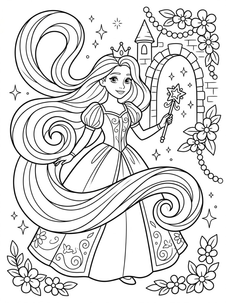 Rapunzel Kleurplaten (Gratis PDF Printables) 05 - gratis kleurplaat om te printen