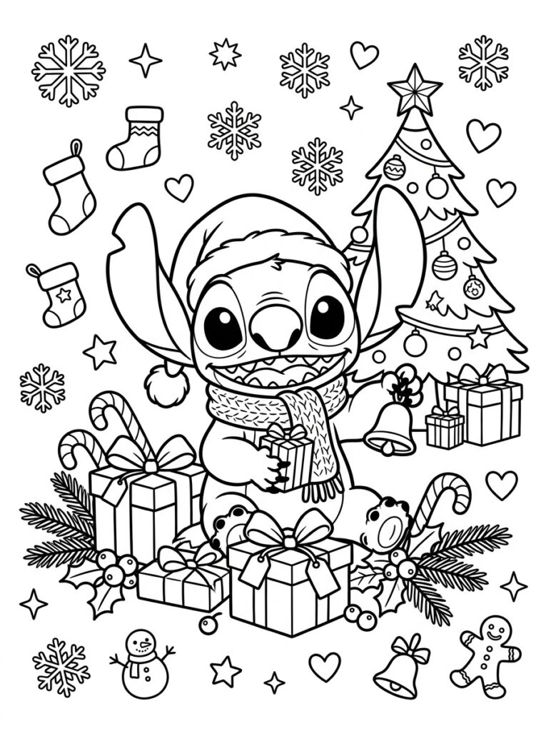 Stitch Kerst Kleurplaten (Gratis PDF Printables) 01 - gratis kleurplaat om te printen