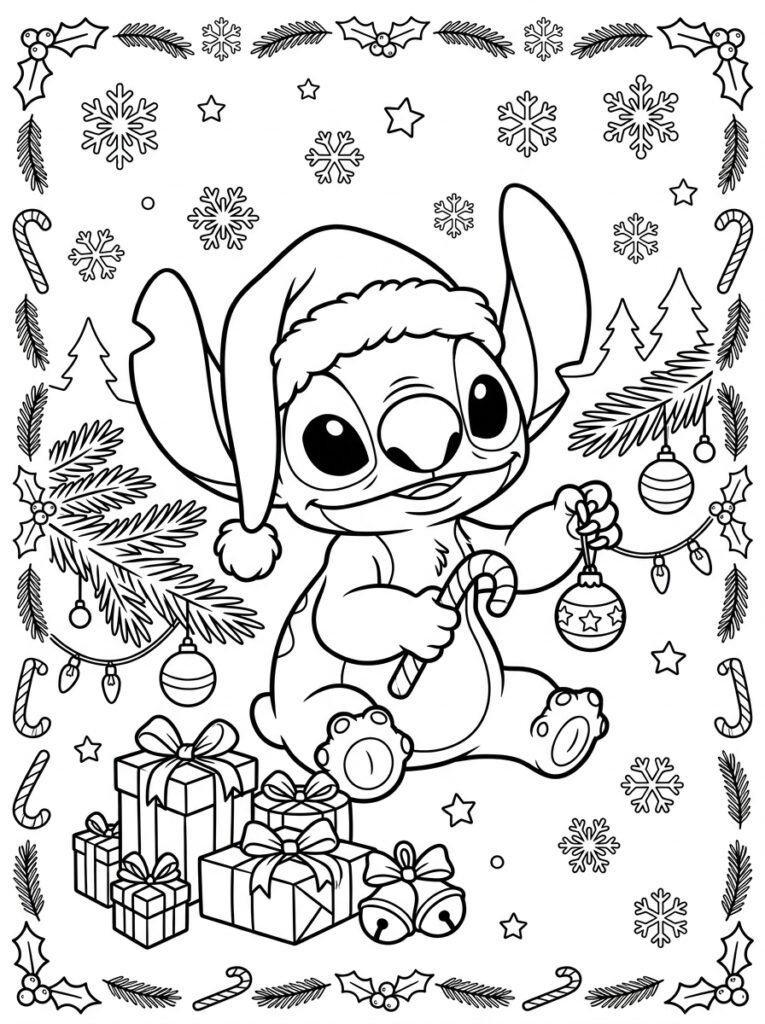Stitch Kerst Kleurplaten (Gratis PDF Printables) 10 - gratis kleurplaat om te printen