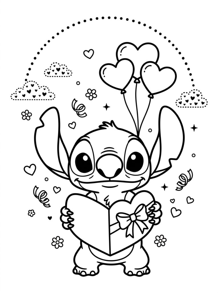 Stitch Valentijn Kleurplaten (Gratis PDF Printables) 03 - gratis kleurplaat om te printen