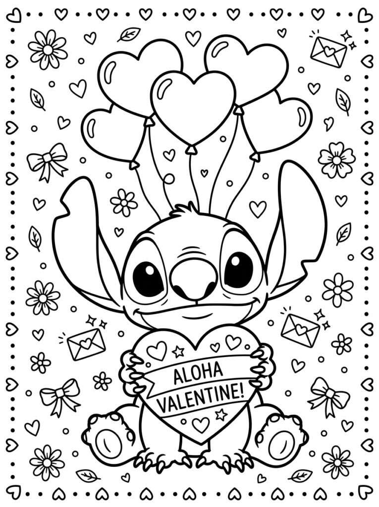 Stitch Valentijn Kleurplaten (Gratis PDF Printables) 07 - gratis kleurplaat om te printen