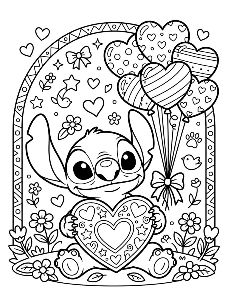 Stitch Valentijn Kleurplaten (Gratis PDF Printables) 09 - gratis kleurplaat om te printen