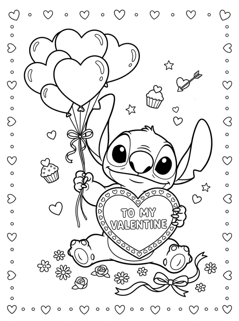 Stitch Valentijn Kleurplaten (Gratis PDF Printables) 10 - gratis kleurplaat om te printen