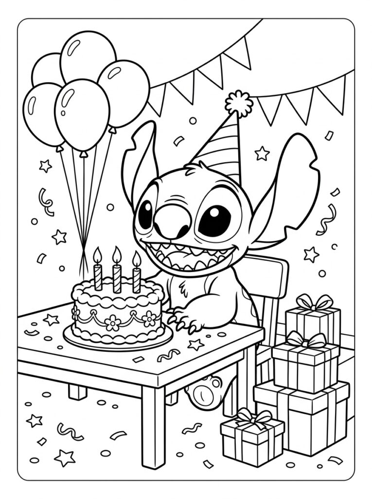Stitch Verjaardag Kleurplaten (Gratis PDF Printables) 02 - gratis kleurplaat om te printen