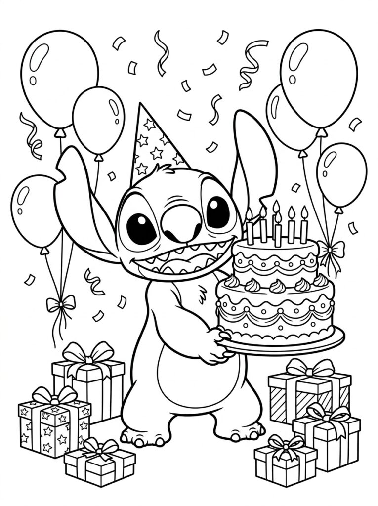 Stitch Verjaardag Kleurplaten (Gratis PDF Printables) 10 - gratis kleurplaat om te printen