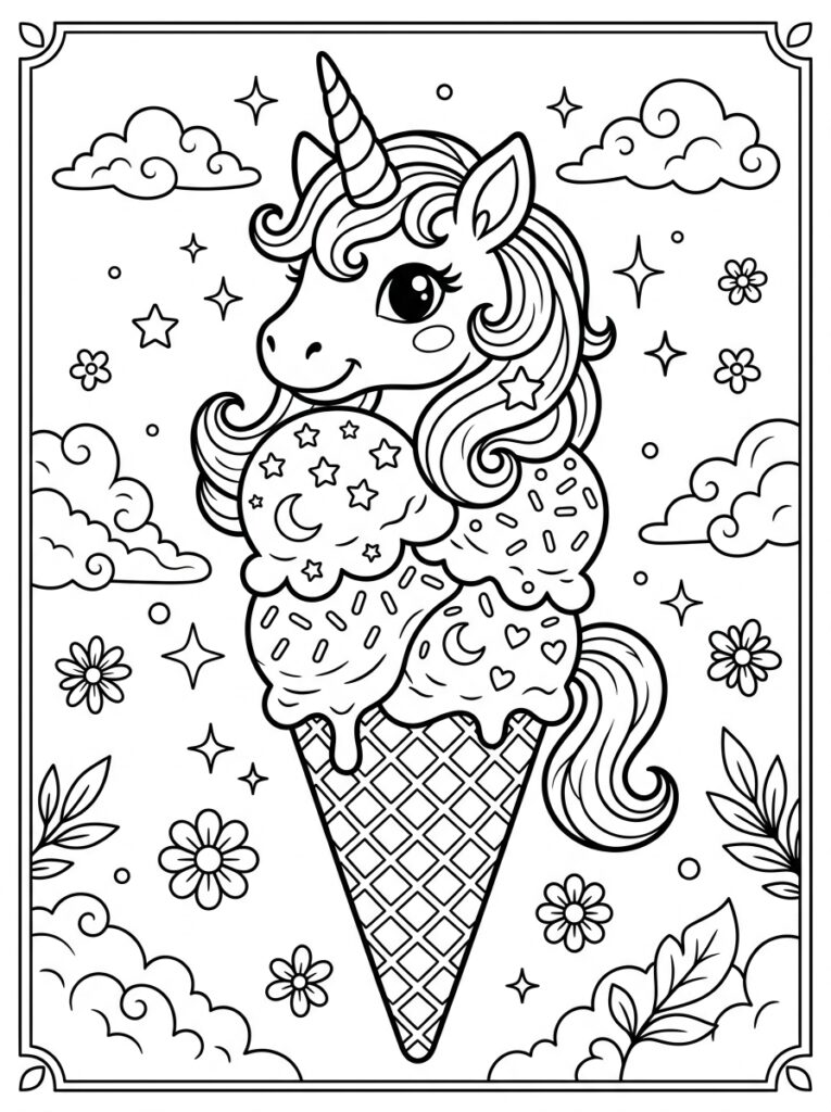 Unicorn Ijsje Kleurplaten (Gratis PDF Printables) 01 - gratis kleurplaat om te printen