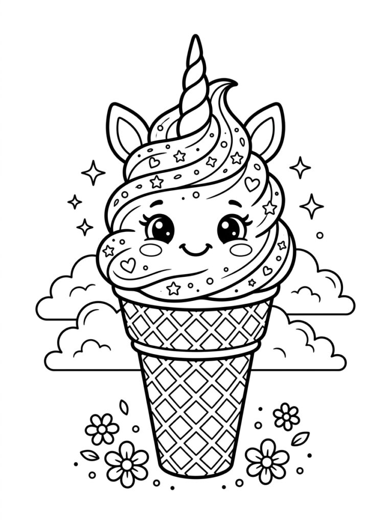 Unicorn Ijsje Kleurplaten (Gratis PDF Printables) 02 - gratis kleurplaat om te printen