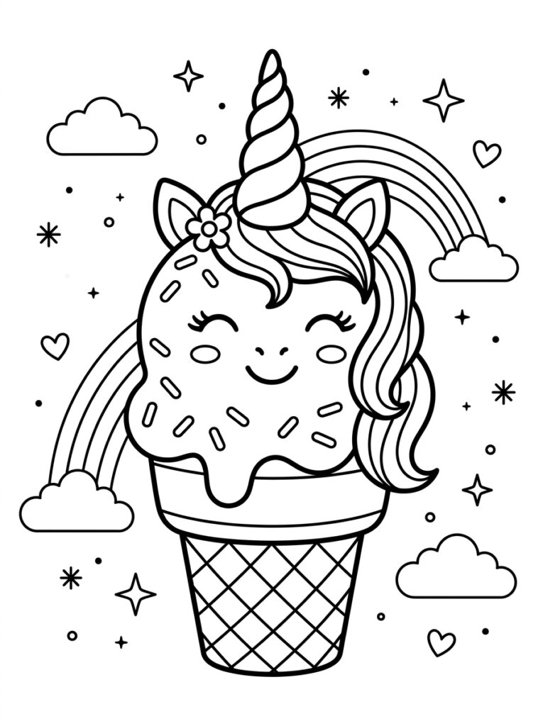 Unicorn Ijsje Kleurplaten (Gratis PDF Printables) 06 - gratis kleurplaat om te printen