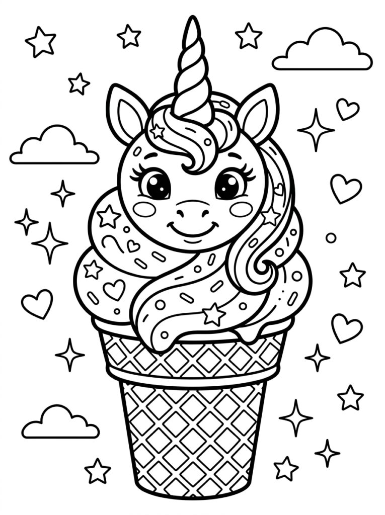Unicorn Ijsje Kleurplaten (Gratis PDF Printables) 07 - gratis kleurplaat om te printen