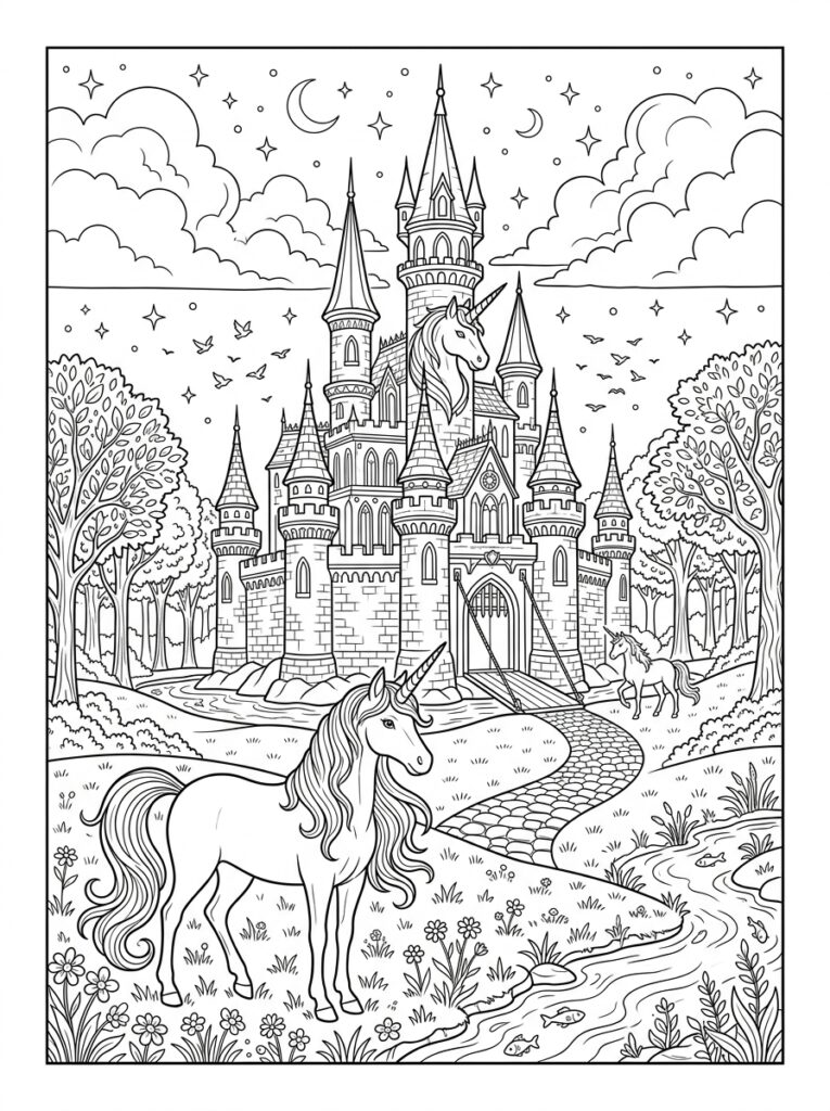 Unicorn Kasteel Kleurplaten (Gratis PDF Printables) 01 - gratis kleurplaat om te printen