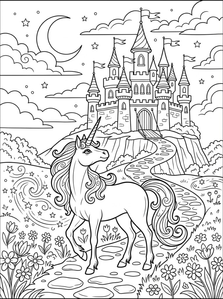 Unicorn Kasteel Kleurplaten (Gratis PDF Printables) 02 - gratis kleurplaat om te printen