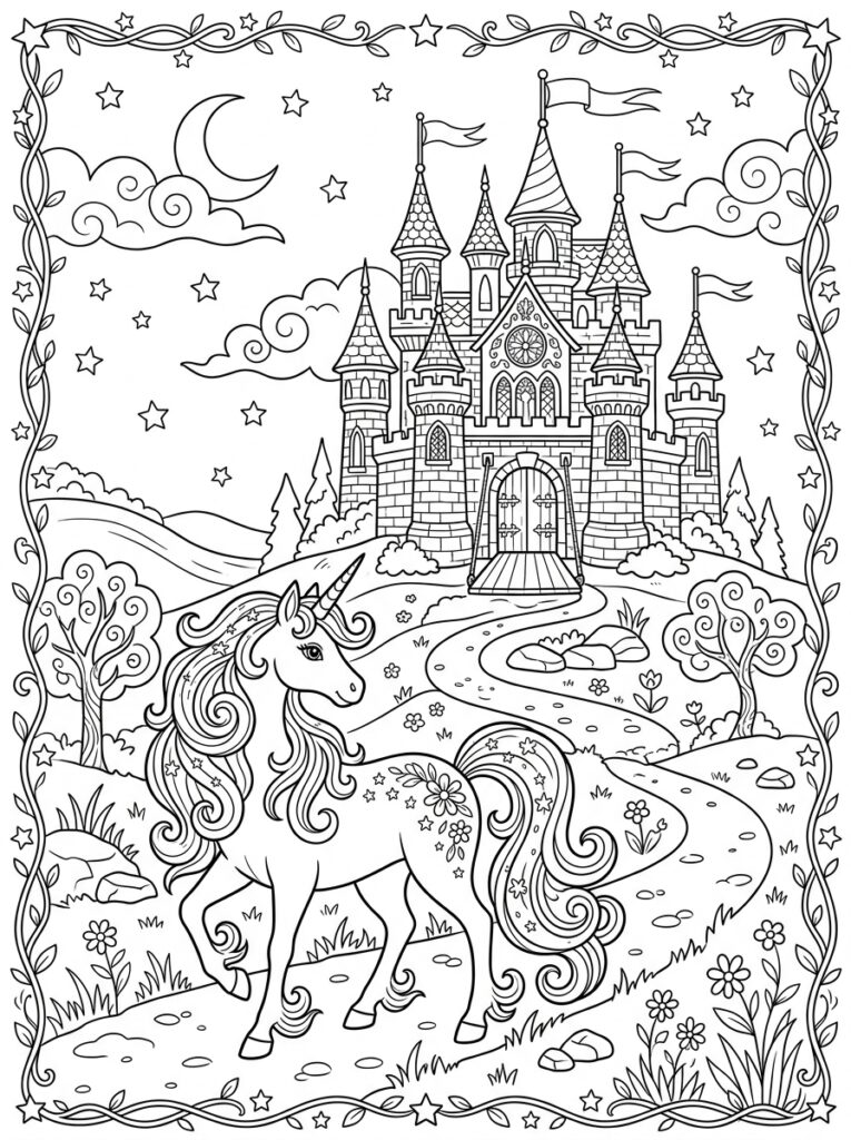Unicorn Kasteel Kleurplaten (Gratis PDF Printables) 03 - gratis kleurplaat om te printen