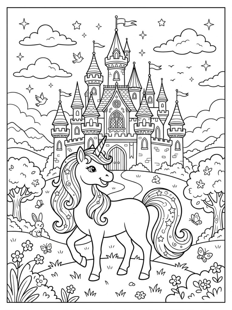 Unicorn Kasteel Kleurplaten (Gratis PDF Printables) 04 - gratis kleurplaat om te printen