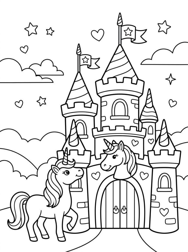 Unicorn Kasteel Kleurplaten (Gratis PDF Printables) 05 - gratis kleurplaat om te printen