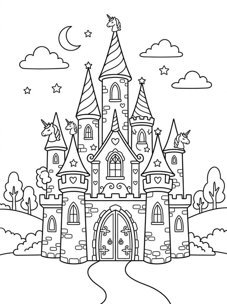 Unicorn Kasteel Kleurplaten (Gratis PDF Printables) 06 - gratis kleurplaat om te printen
