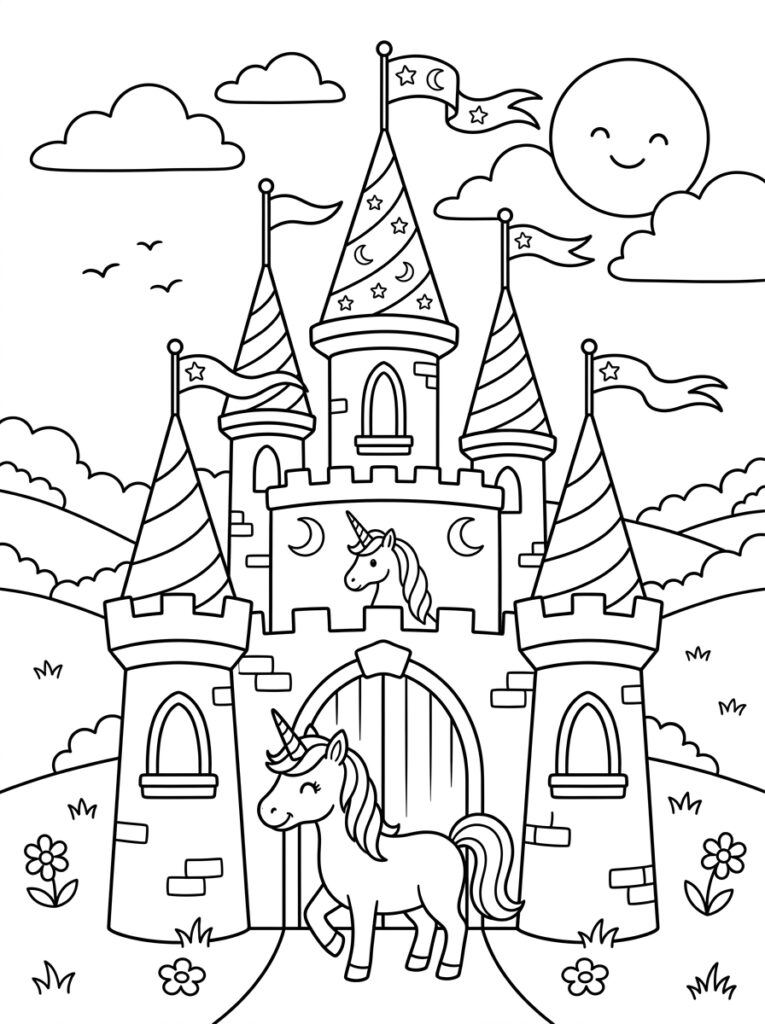 Unicorn Kasteel Kleurplaten (Gratis PDF Printables) 07 - gratis kleurplaat om te printen