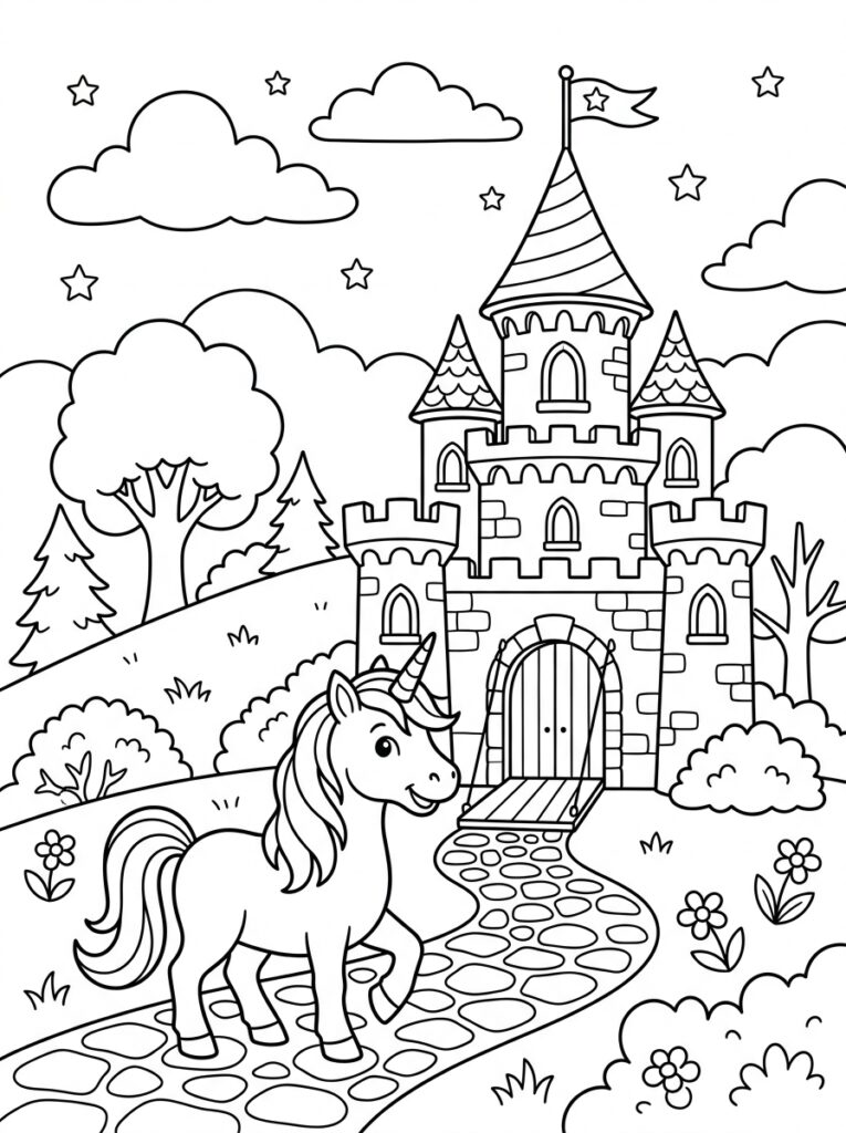 Unicorn Kasteel Kleurplaten (Gratis PDF Printables) 08 - gratis kleurplaat om te printen