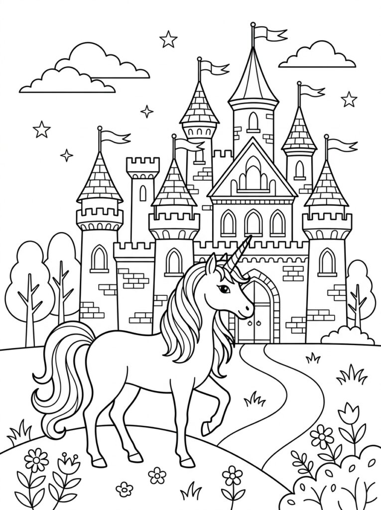 Unicorn Kasteel Kleurplaten (Gratis PDF Printables) 09 - gratis kleurplaat om te printen