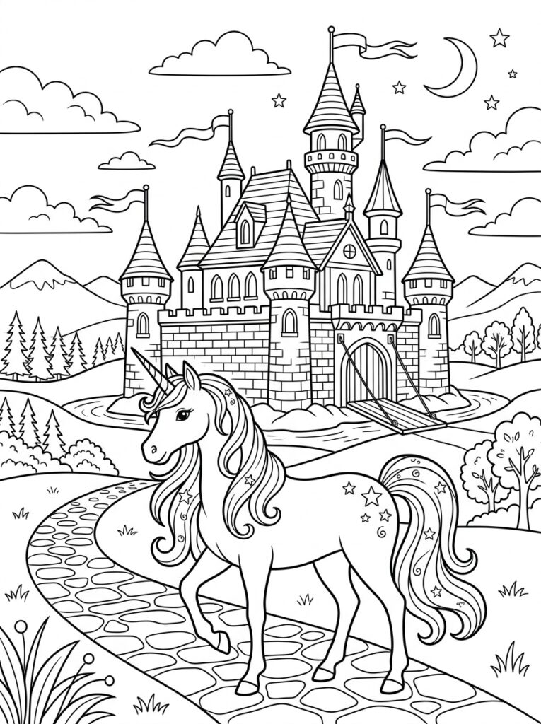 Unicorn Kasteel Kleurplaten (Gratis PDF Printables) 10 - gratis kleurplaat om te printen