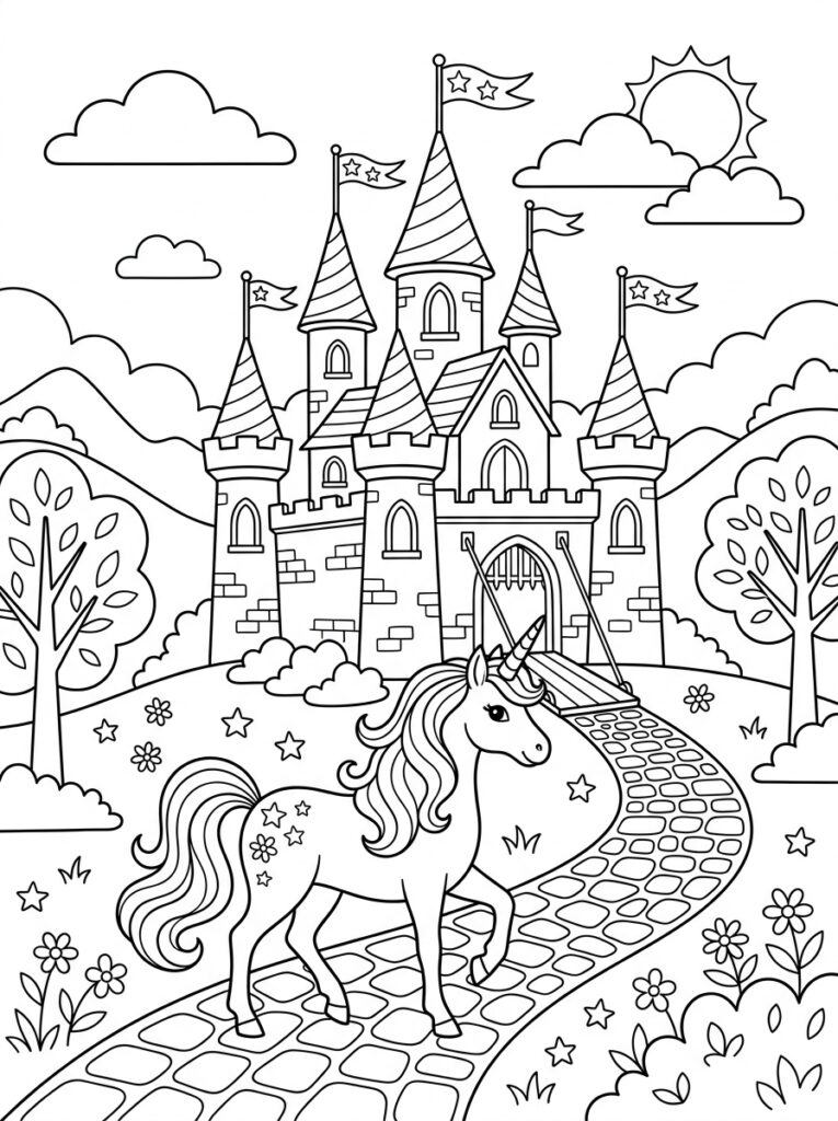Unicorn Kasteel Kleurplaten (Gratis PDF Printables) 11 - gratis kleurplaat om te printen