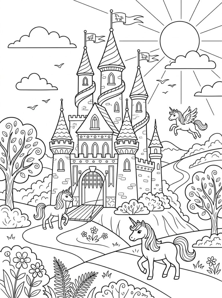 Unicorn Kasteel Kleurplaten (Gratis PDF Printables) 12 - gratis kleurplaat om te printen