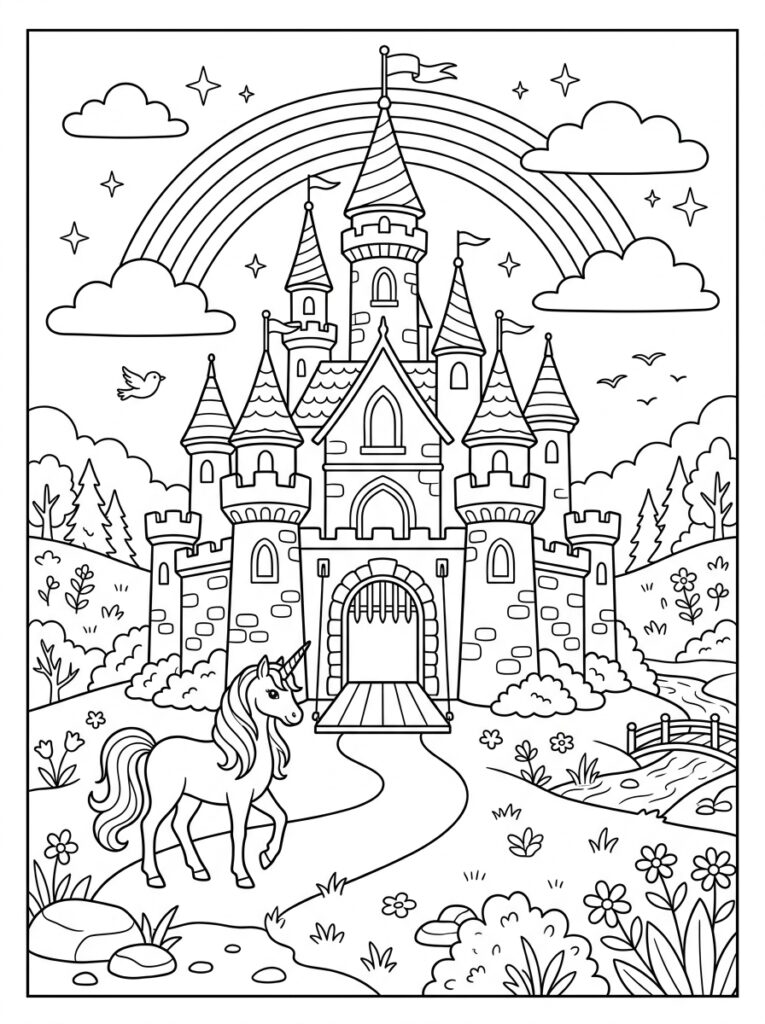 Unicorn Kasteel Kleurplaten (Gratis PDF Printables) 16 - gratis kleurplaat om te printen