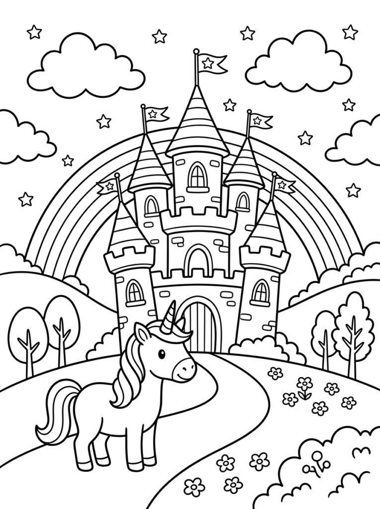 Unicorn Kasteel Kleurplaten (Gratis PDF Printables) 18 - gratis kleurplaat om te printen