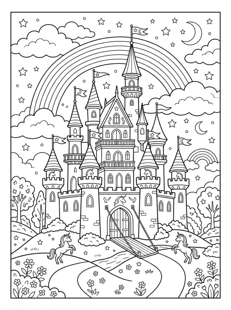 Unicorn Kasteel Kleurplaten (Gratis PDF Printables) 19 - gratis kleurplaat om te printen