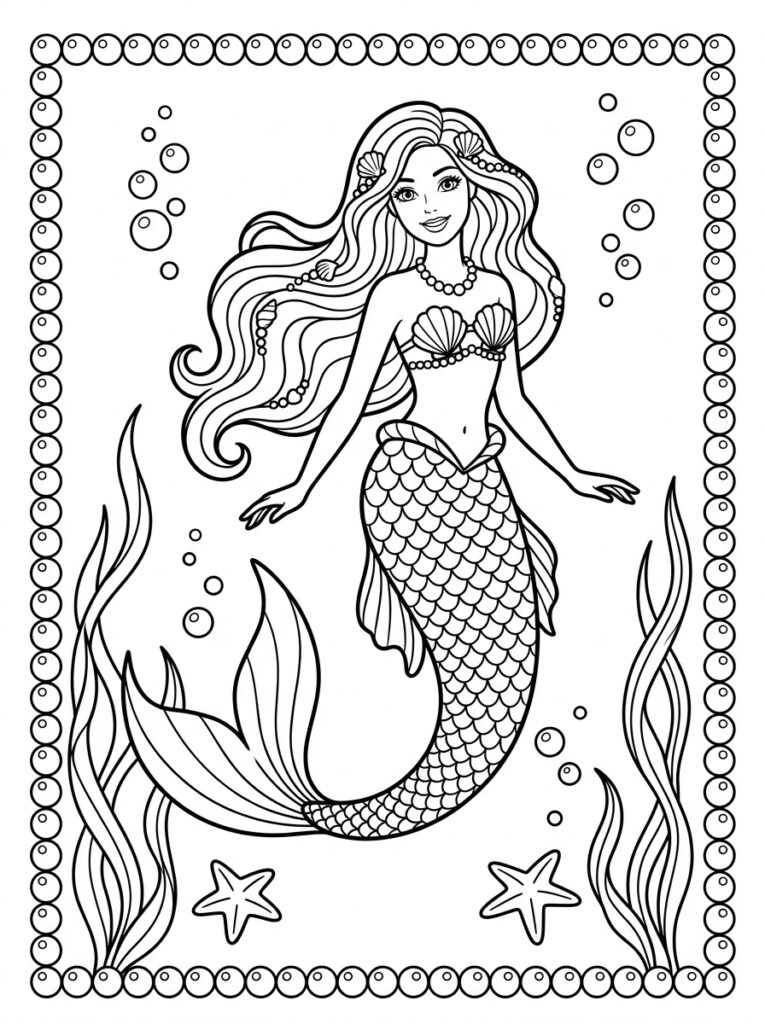 Zeemeermin Barbie Kleurplaten (Gratis PDF Printables) 01 - gratis kleurplaat om te printen