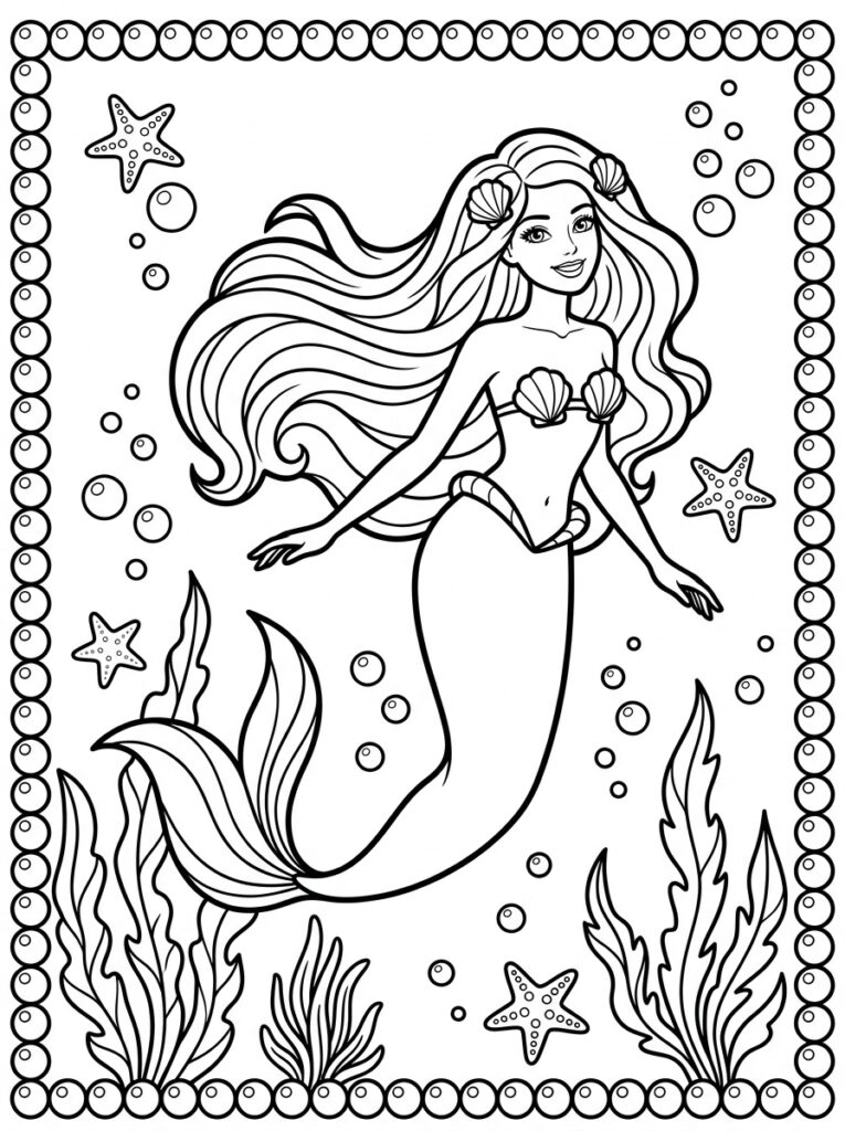 Zeemeermin Barbie Kleurplaten (Gratis PDF Printables) 04 - gratis kleurplaat om te printen