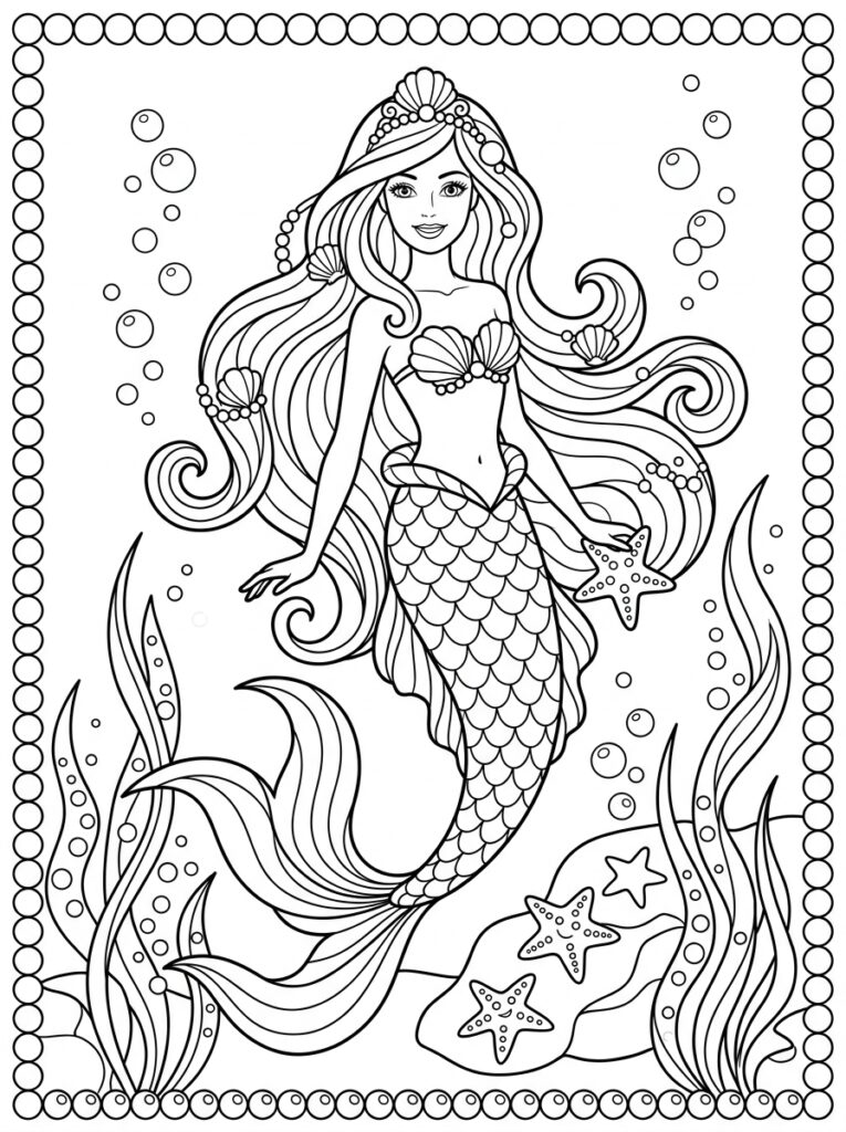 Zeemeermin Barbie Kleurplaten (Gratis PDF Printables) 06 - gratis kleurplaat om te printen