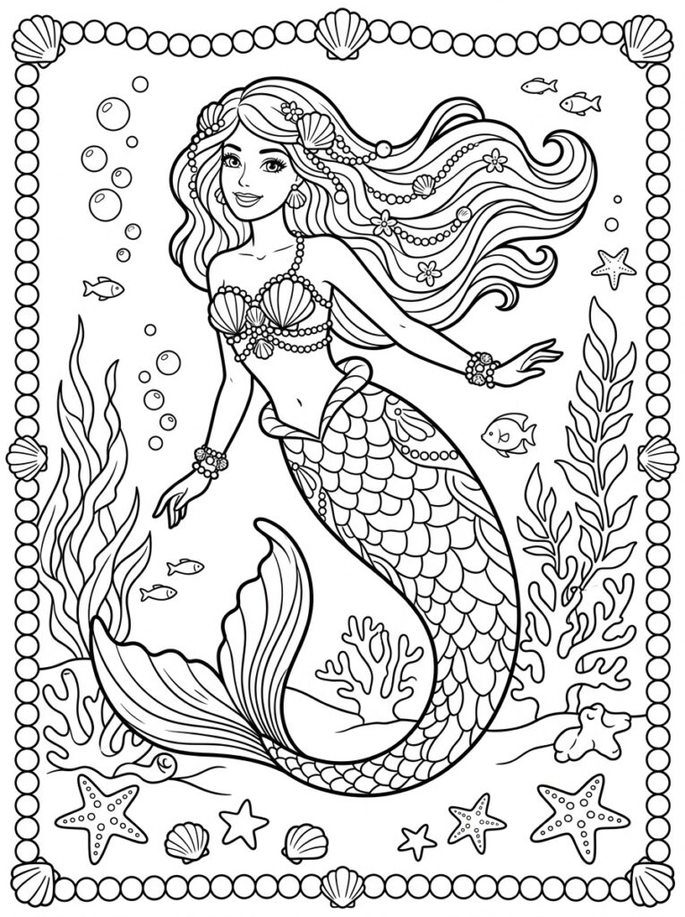 Zeemeermin Barbie Kleurplaten (Gratis PDF Printables) 10 - gratis kleurplaat om te printen