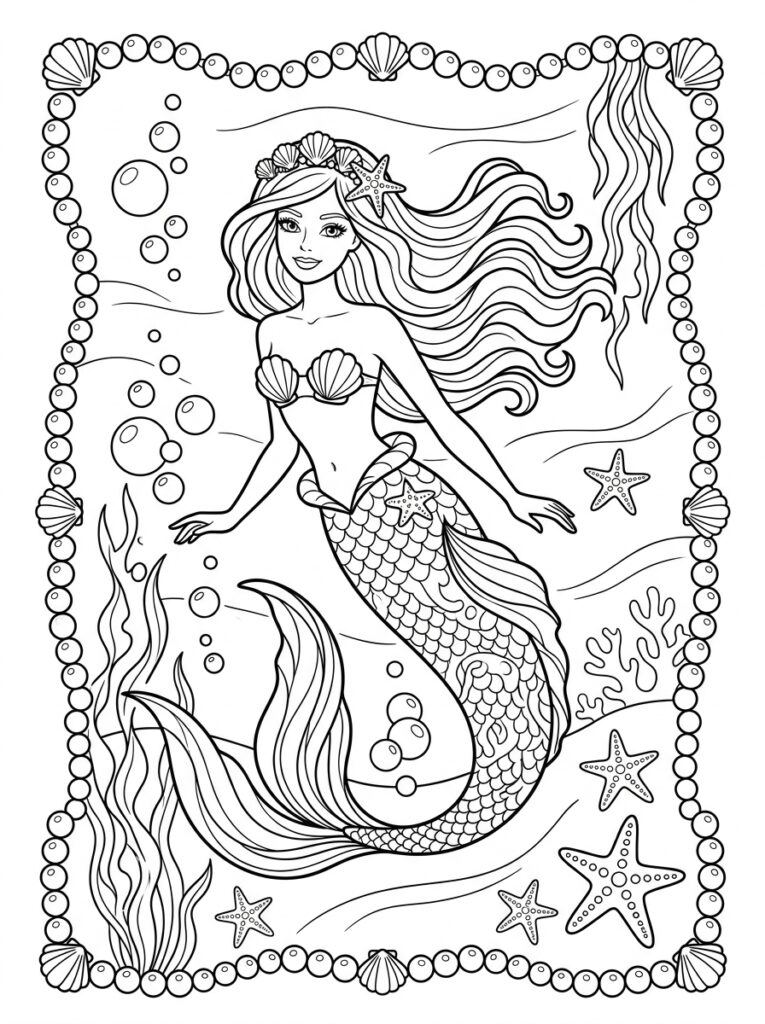 Zeemeermin Barbie Kleurplaten (Gratis PDF Printables) 12 - gratis kleurplaat om te printen
