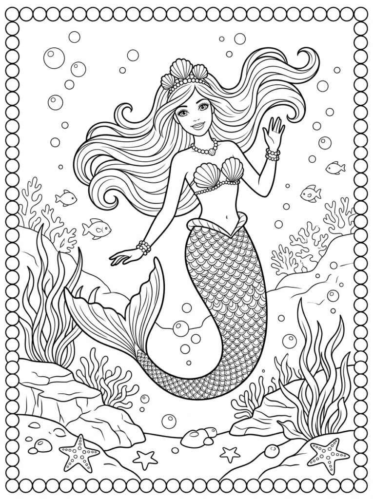 Zeemeermin Barbie Kleurplaten (Gratis PDF Printables) 22 - gratis kleurplaat om te printen