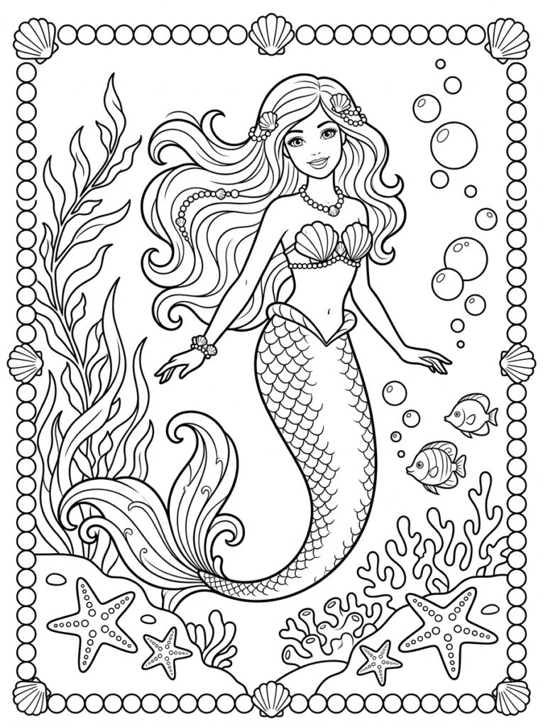Zeemeermin Barbie Kleurplaten (Gratis PDF Printables) 24 - gratis kleurplaat om te printen