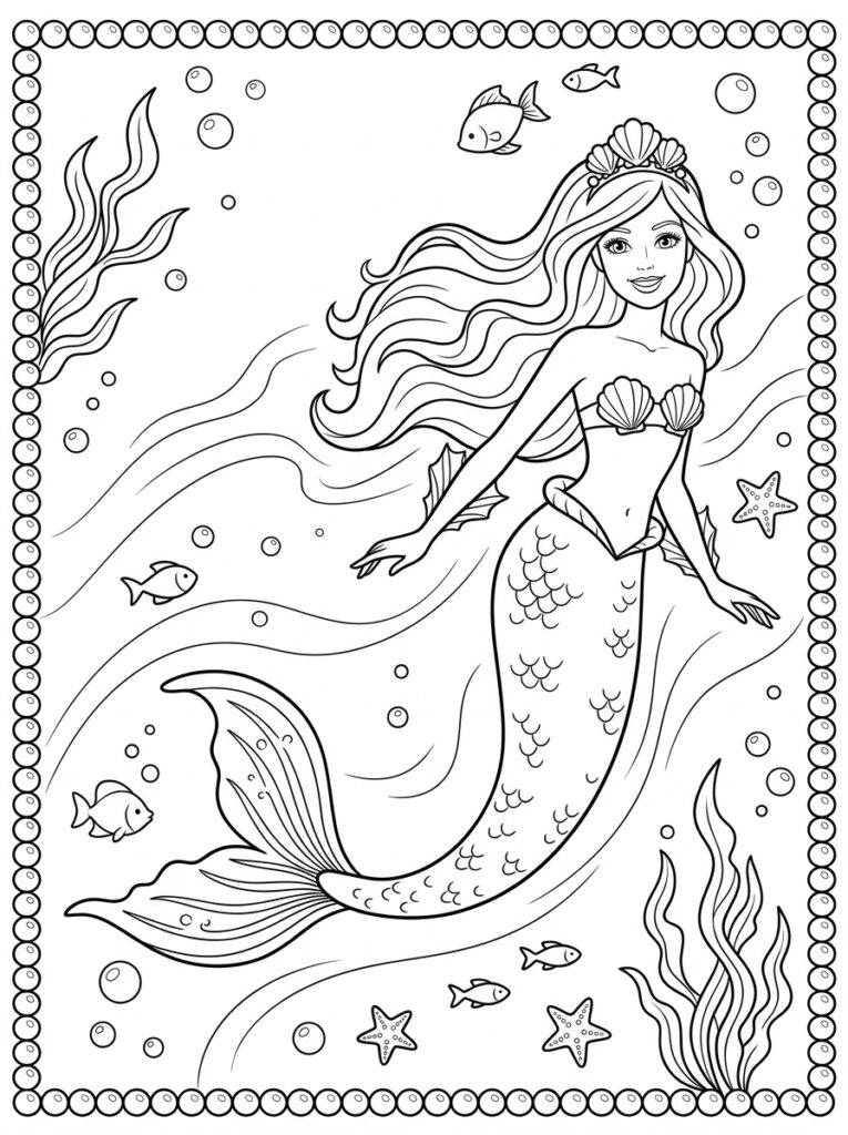 Zeemeermin Barbie Kleurplaten (Gratis PDF Printables) 32 - gratis kleurplaat om te printen