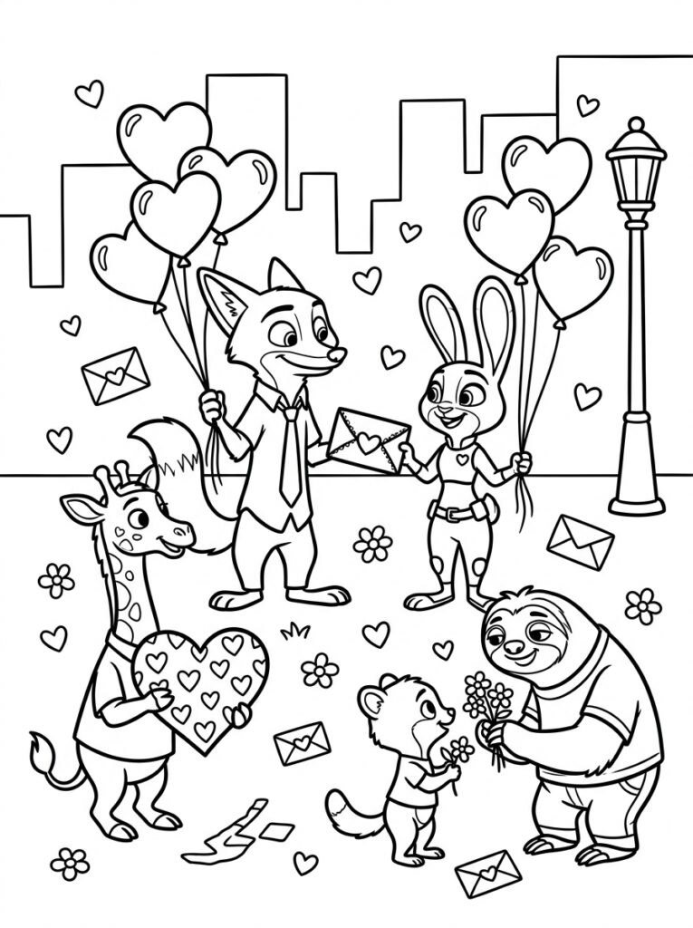Zootopia Valentijn Kleurplaten (Gratis PDF Printables) 01 - gratis kleurplaat om te printen
