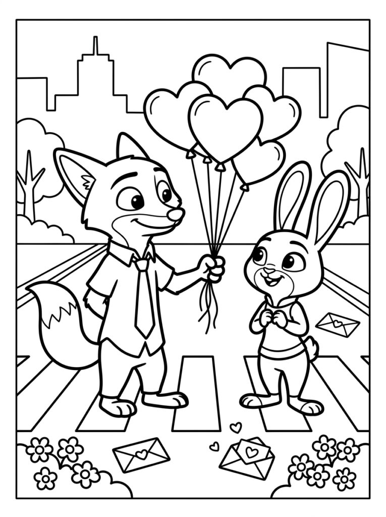 Zootopia Valentijn Kleurplaten (Gratis PDF Printables) 02 - gratis kleurplaat om te printen