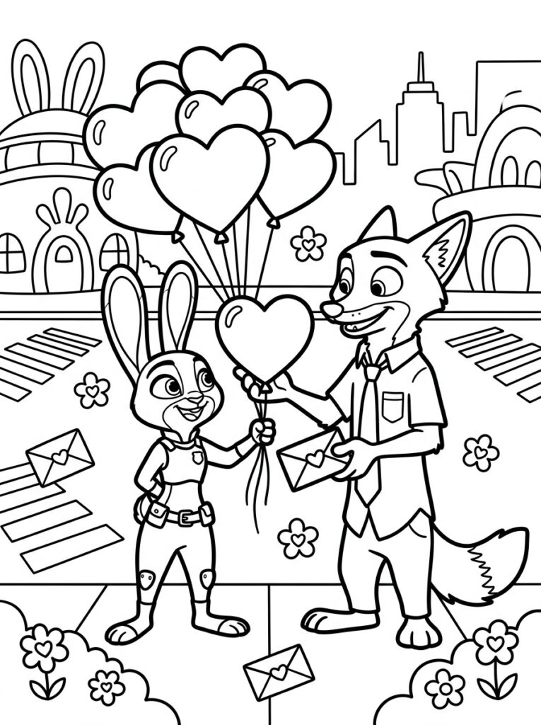 Zootopia Valentijn Kleurplaten (Gratis PDF Printables) 03 - gratis kleurplaat om te printen