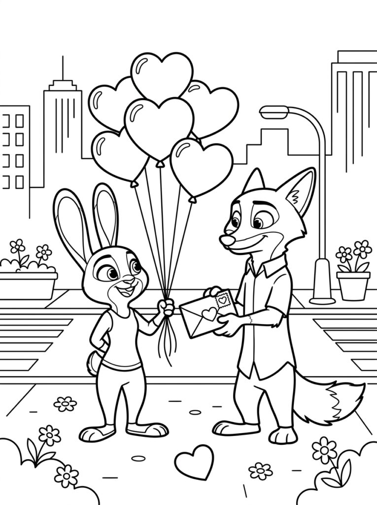 Zootopia Valentijn Kleurplaten (Gratis PDF Printables) 04 - gratis kleurplaat om te printen